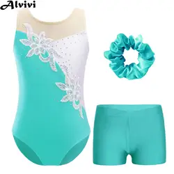 Girls Ballet Dance Gymnastics Figure Skating Yoga Acrobatics Performance Leotard Sleeveless Shiny Bodysuit with Shorts Hair Band