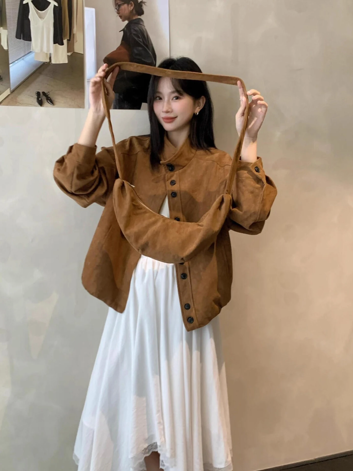 

Clothland Women Retro Suede Jacket With Bag Long Sleeve Vintage Khaki Basic Female Chic Fashion Coats Mujer CB239