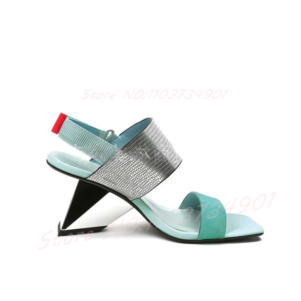 Open Toe Color-Blocking Chunky Heel Sandals Women Hook and Loop Ankle Strap Strange Style Heels Shoes Summer Square Toe Sandals