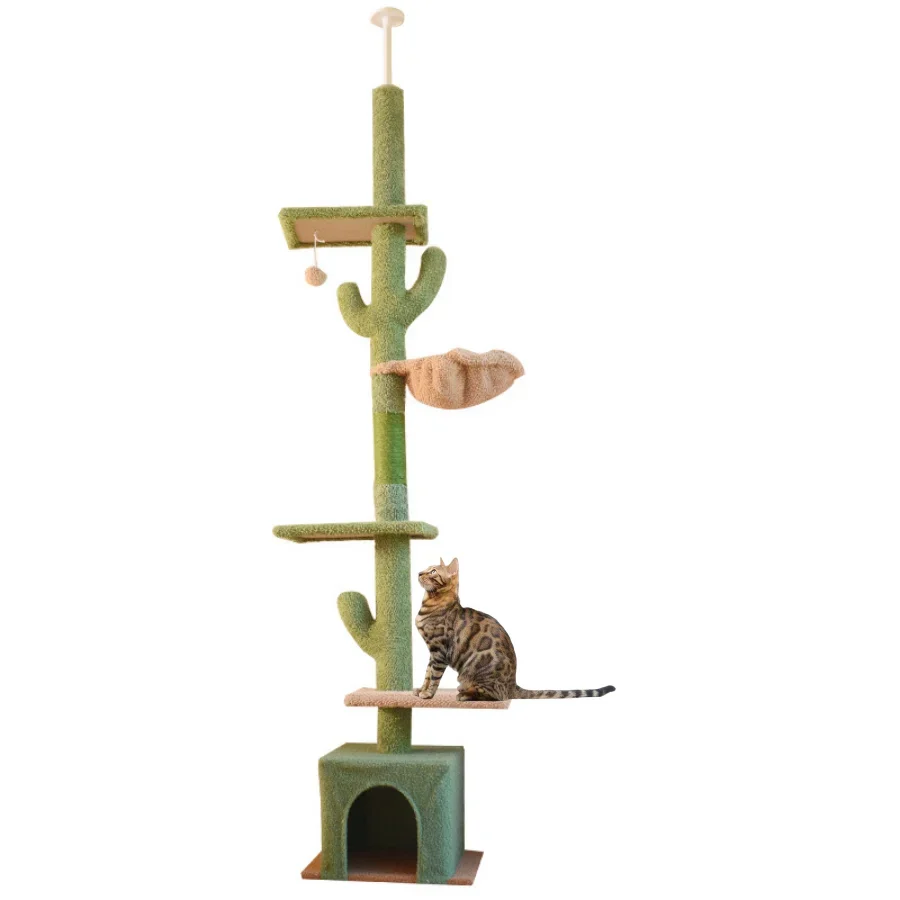 

5-Layer Floor to Ceiling Cat Tree Tower Cactus Tall Climbing Tree With Scratching Post Hammock Dangling Ball for Indoor Cat Toys