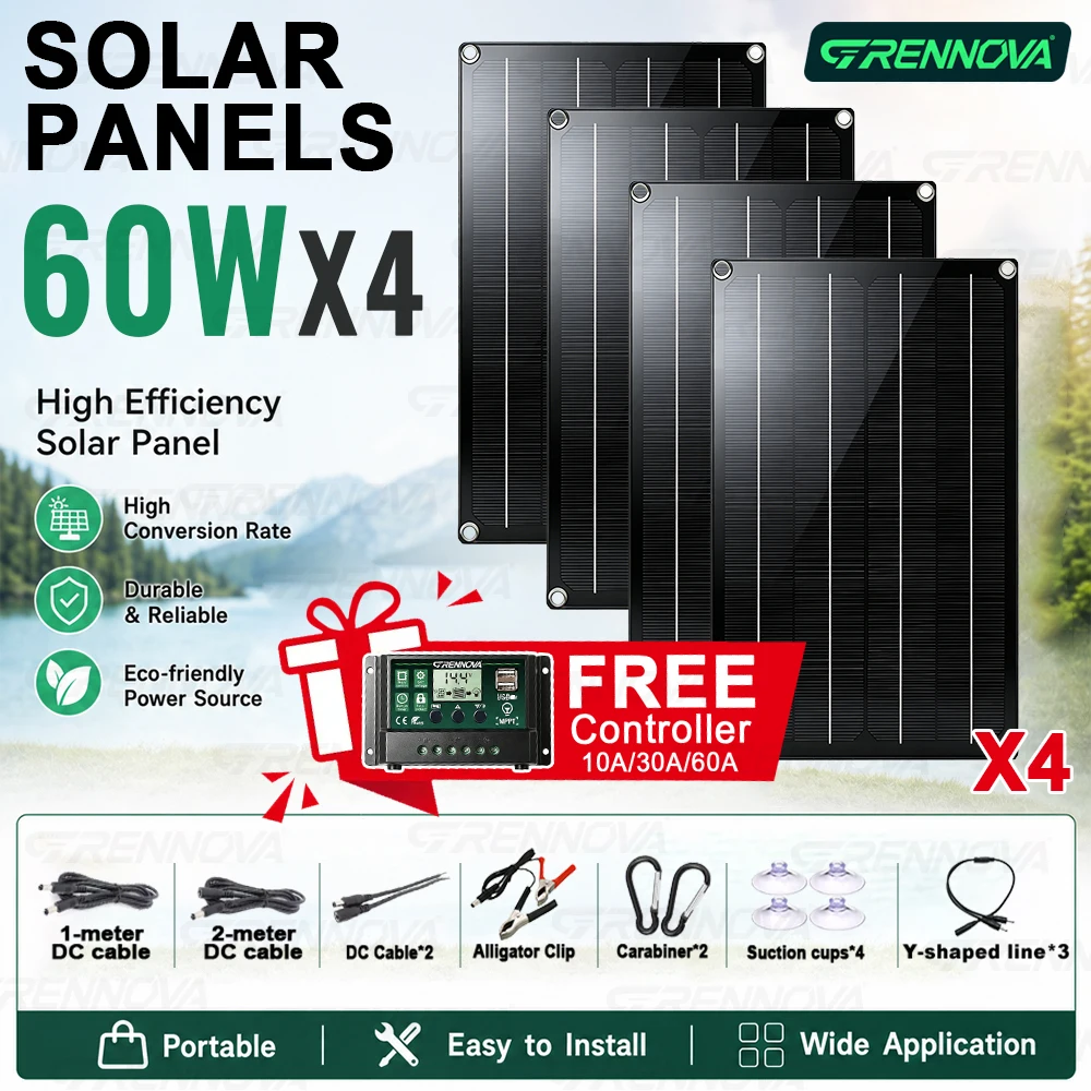 60W GRENNOVA Flexible Solar Panel 1-4PCS Free 60A Controller Easy Installation for Fishing RV Camping Car Battery Outdoor Power