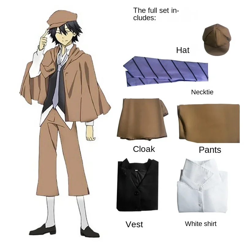 Disfraz de Cosplay de dibujos animados de Bungo Stray Dogs Edogawa Rampo, sombrero exquisito, capa, chaleco, camisa, pantalones, corbata, traje de fiesta Rave de Anime para Halloween