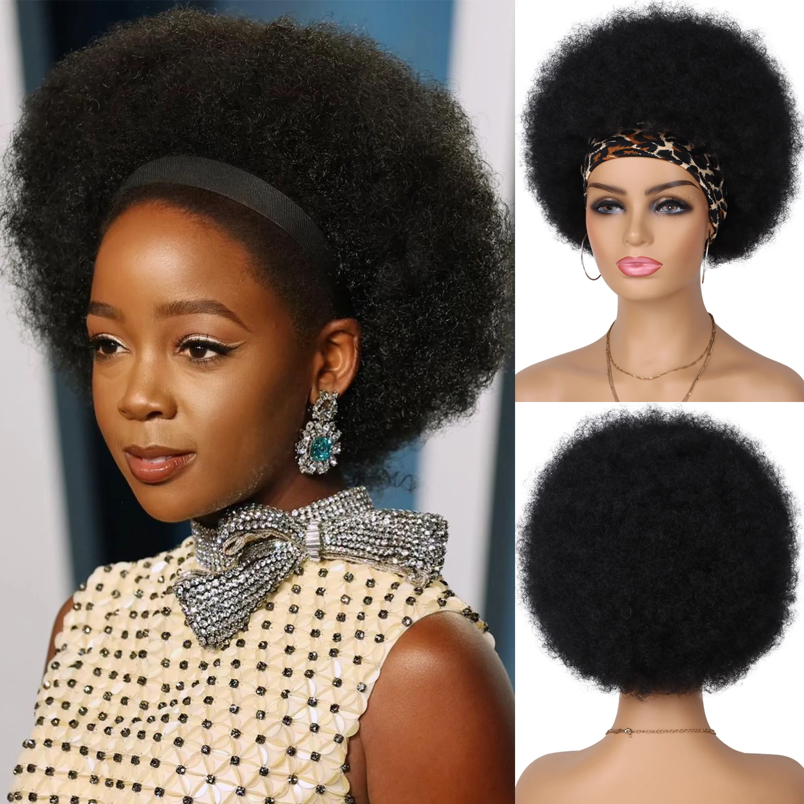 Tereshar Syntetyczne krótkie peruki afro Puff z pałąkiem na głowę dla czarnych kobiet 8 cali Afro Puff Hair Perwersyjne kręcone peruki do