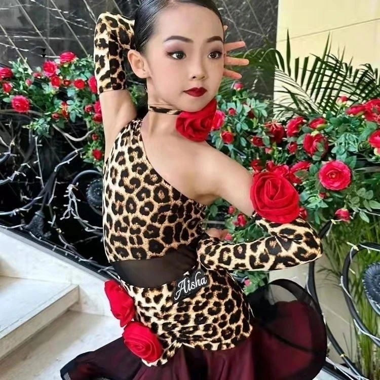 

Платье для латинских танцев на одно плечо, леопардовое платье для латинских танцев, профессиональное платье для латинских танцев для девочек, одежда для сальсы