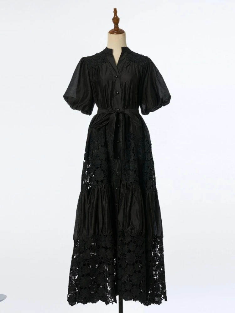 New Heavy Industry Lace Splicing V-neck Bubble Sleeve Dress with Female Strap Waist Cinching and Slimming A-line Long Dress
