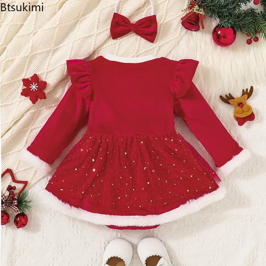 Spring Autumn Baby Girls Christmas Clothes Tree Star Printed Bodysuit Dress for Infants Festival My First New Year Baby Costume