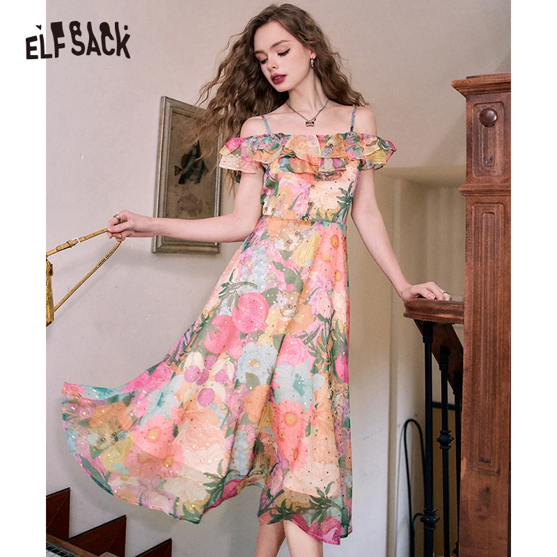 ELFSACK 2024 Summer New One-shoulder floral multi-color holiday style suspender dress for women