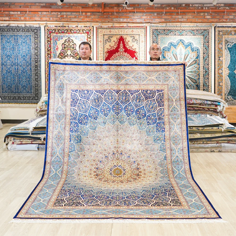 183x274cm Blue Silk Persian Carpet Hand Knotted Exquisite Handmade Rug