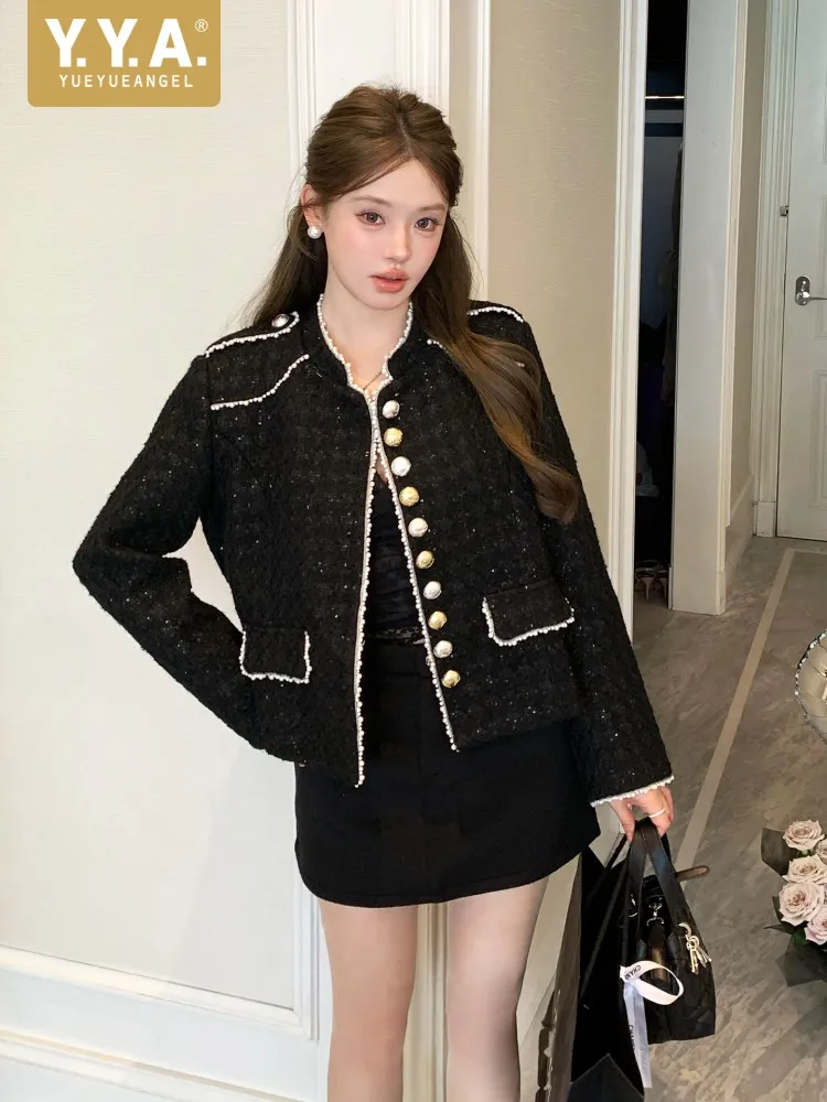 Designer Female Stand Collar Beading Black Jackets Single Breasted Sequins Short Jacket Chic Work Ladies Thick Outerwear Coat