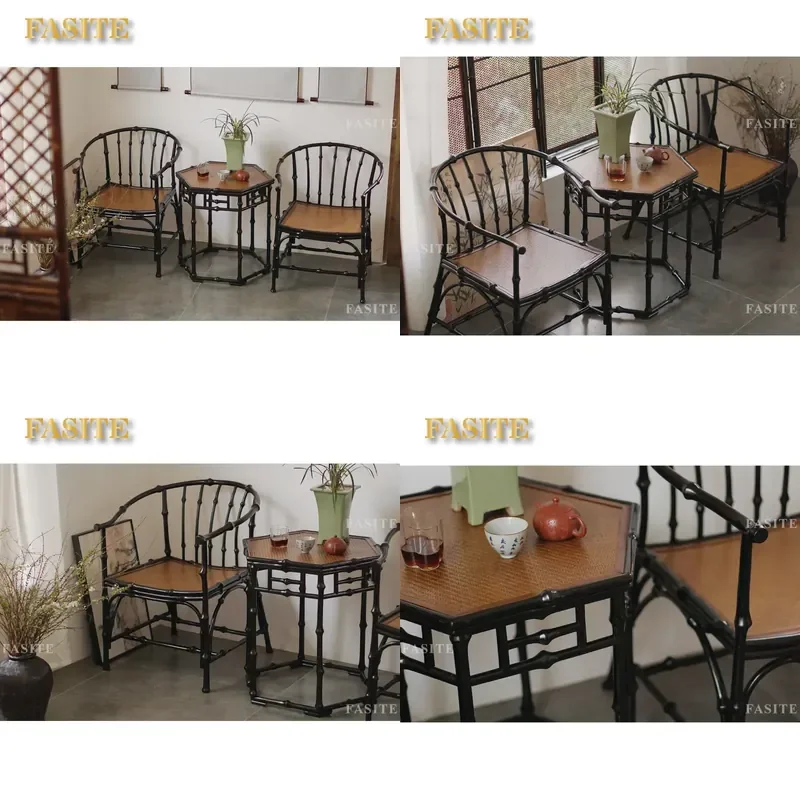 For Ming Style Armchair Large Lacquer Bamboo Tea Table New Chinese Handmade Furniture Set for Tea Room Space