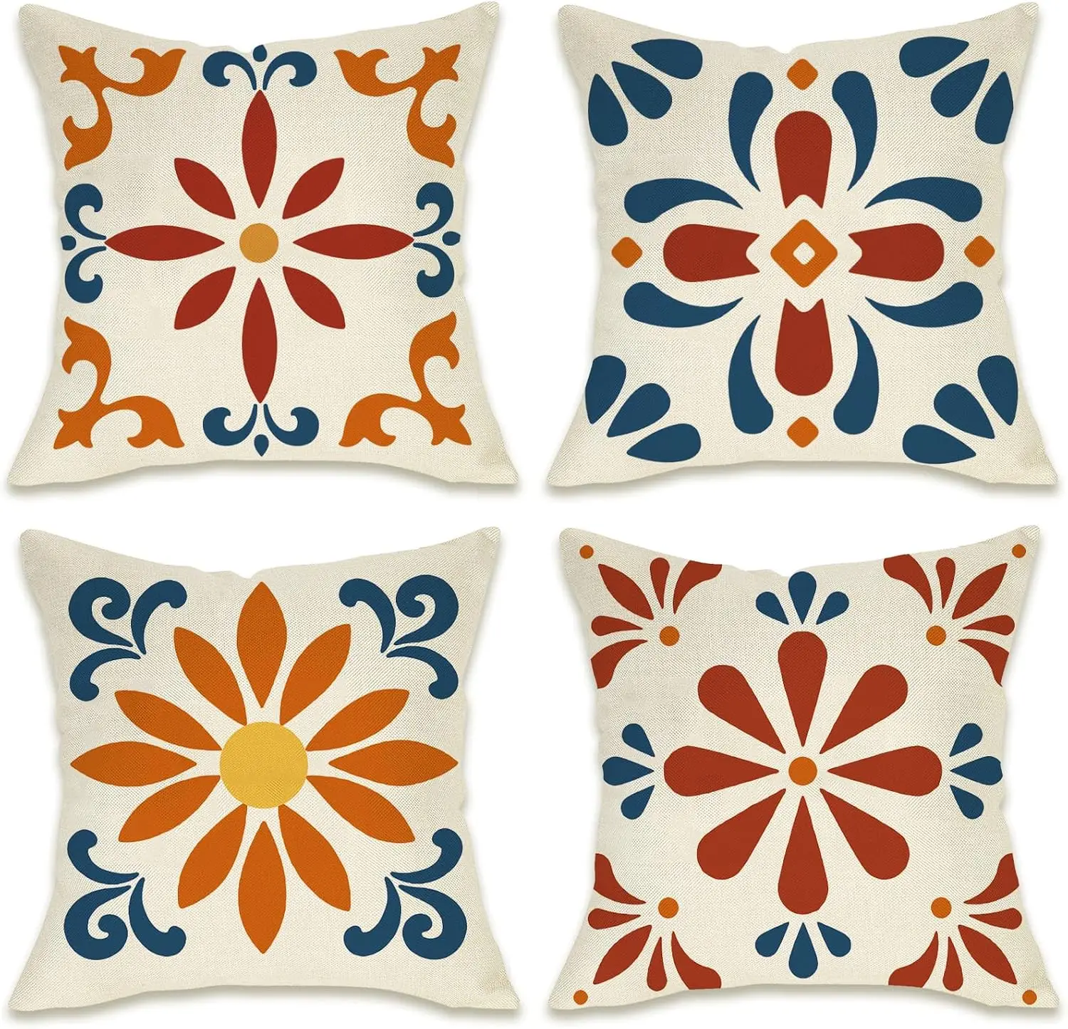 Boho Mediterranean Floral Geometric Throw Pillow Covers Set 4 Pack Decorative Cushion Shams for Sofa Couch Home Accent Decor