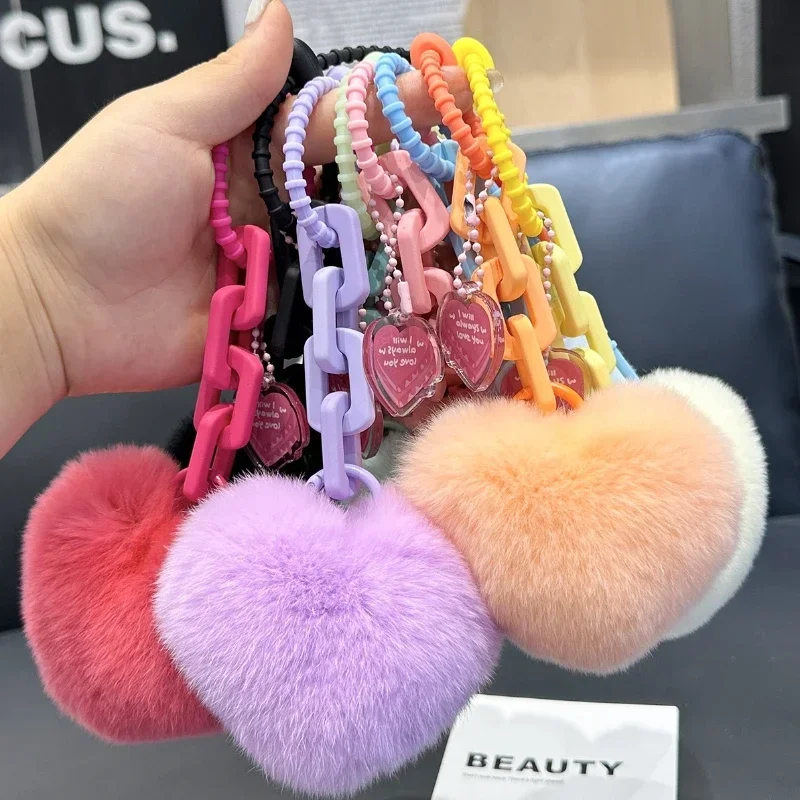 Wholesale Real Rex Rabbit Fur Heart Keychain Creative Silicone Cute Heart Bag Charm Car Keychain Decoration Accessories Gifts