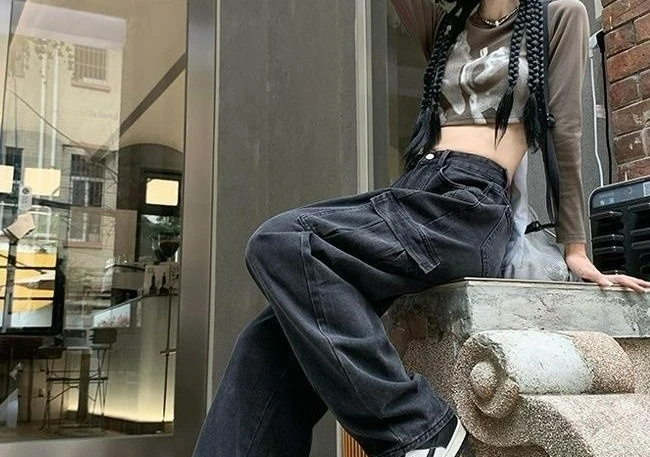 Tooling Jeans Women's Autumn Black Grey High Waist Straight Pants Wide Leg Pants
