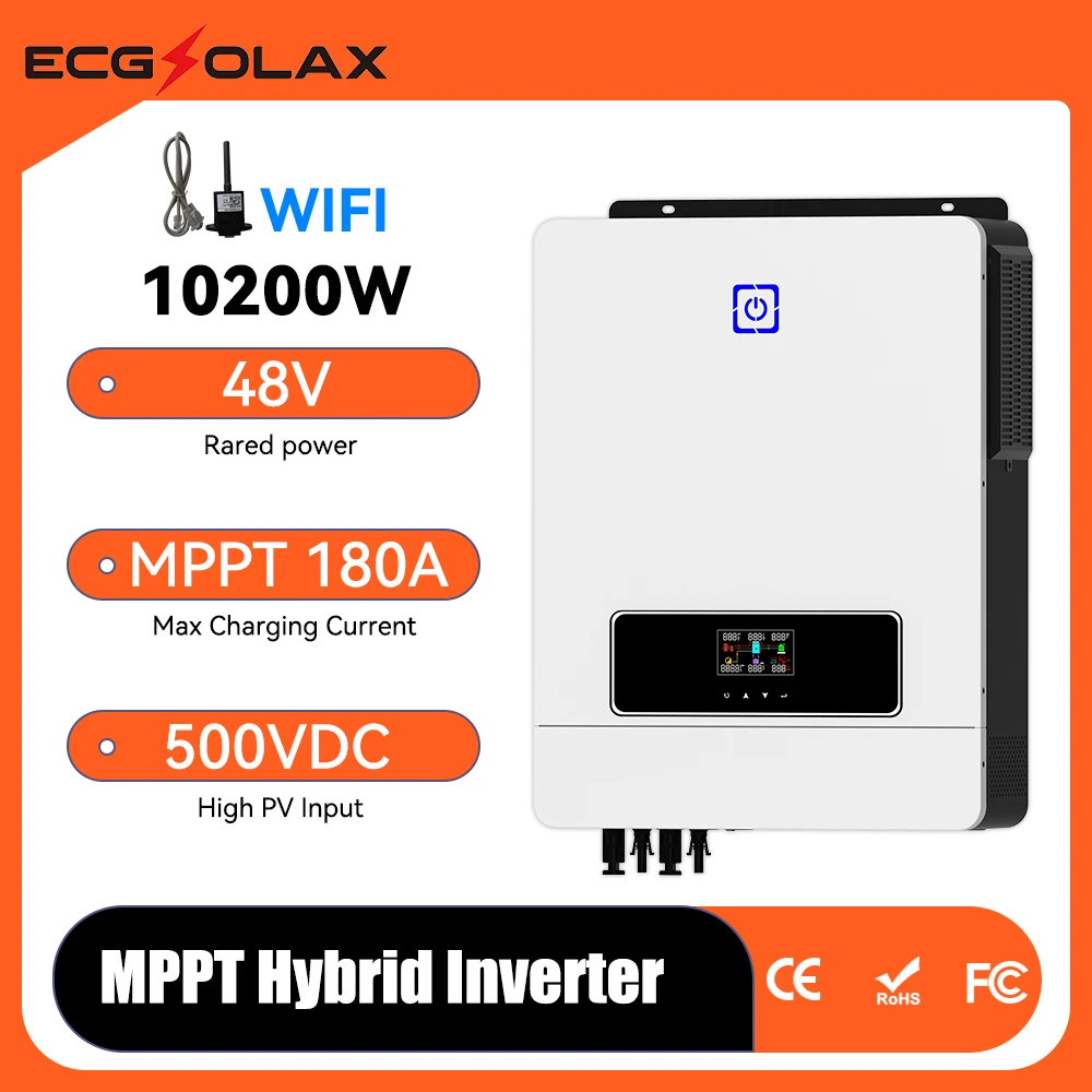 

ECGSOLAX 10.2KW Hybrid Solar Inverter 48V 230VAC With Dual MPPT 180A Charging Controller PV Max 500VDC Pure Sine Wave Inverter