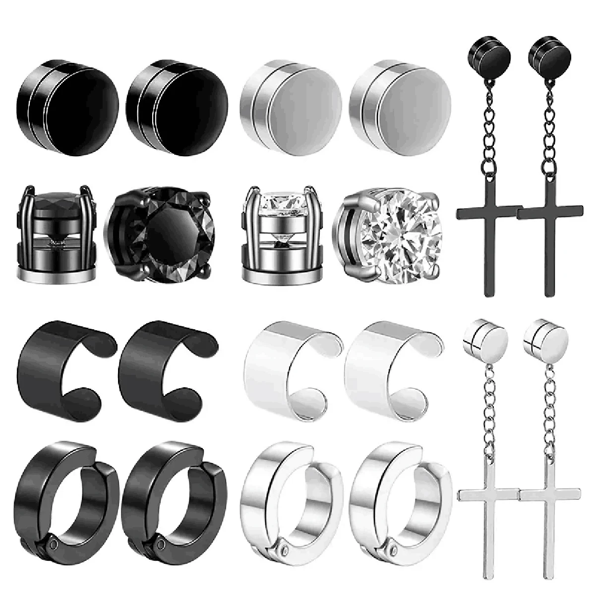 1 Pairs of Men's Fashionable Ear Hole Free Magnet Zircon Stainless Steel False Earring Set Unisex Non Piercing Clip Earrings