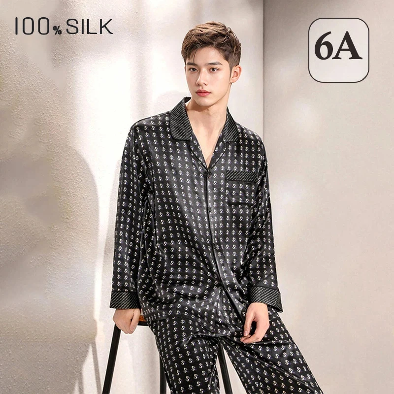2026 Spring Summer Men 19 Momme 100% Mulberry Silk Pajamas Set Printed Long Sleeve Cool Touch Loungewear  pyjama homme sexy