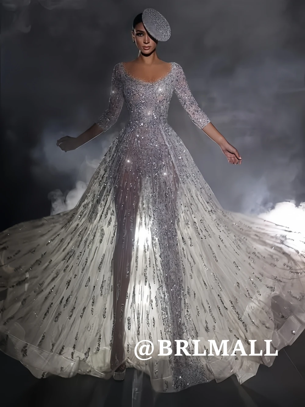 

BRLMALL Sexy See Through Prom Dress with 3/4 Sleeves A Line Long Silver Appliques Evening Dresses for Women Wedding Party Gowns