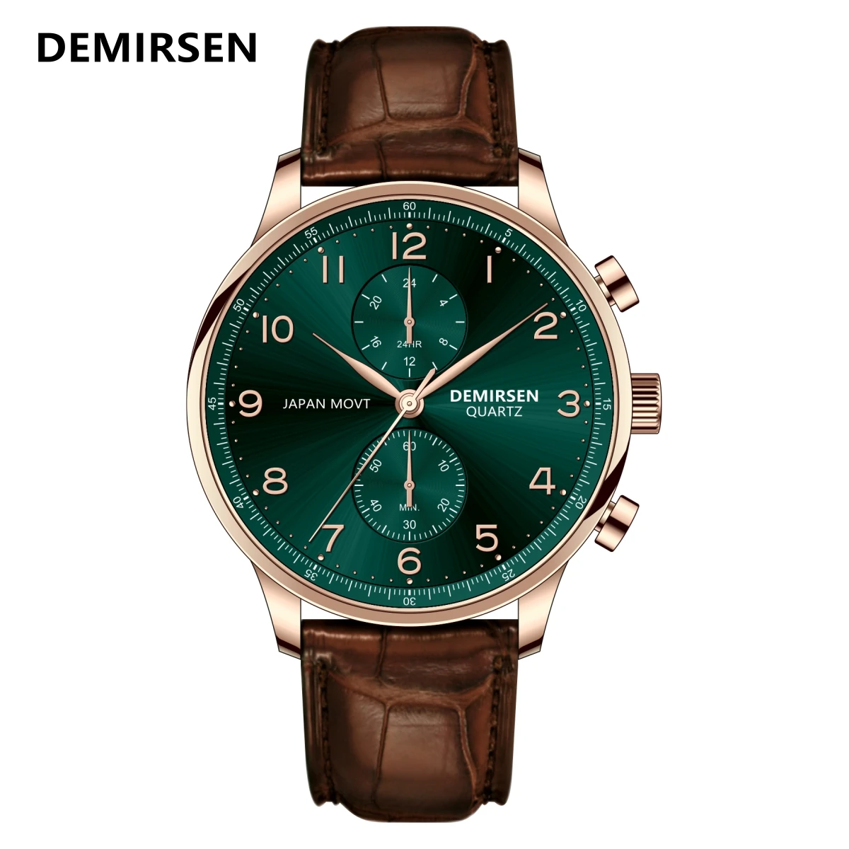 Luxury Top Brand Japan Quartz Movement Clock Rose Gold Green Dual Time Wristwatch Leather Strap Waterproof Watches for Men