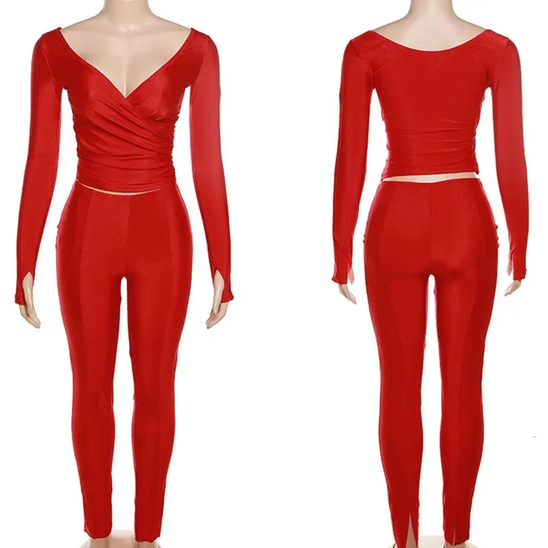 Elegant Solid Two Piece Set for Women Matching Sets Cross V-neck Long Sleeve Top and Pants Leggings Stretchy Casual Outfits