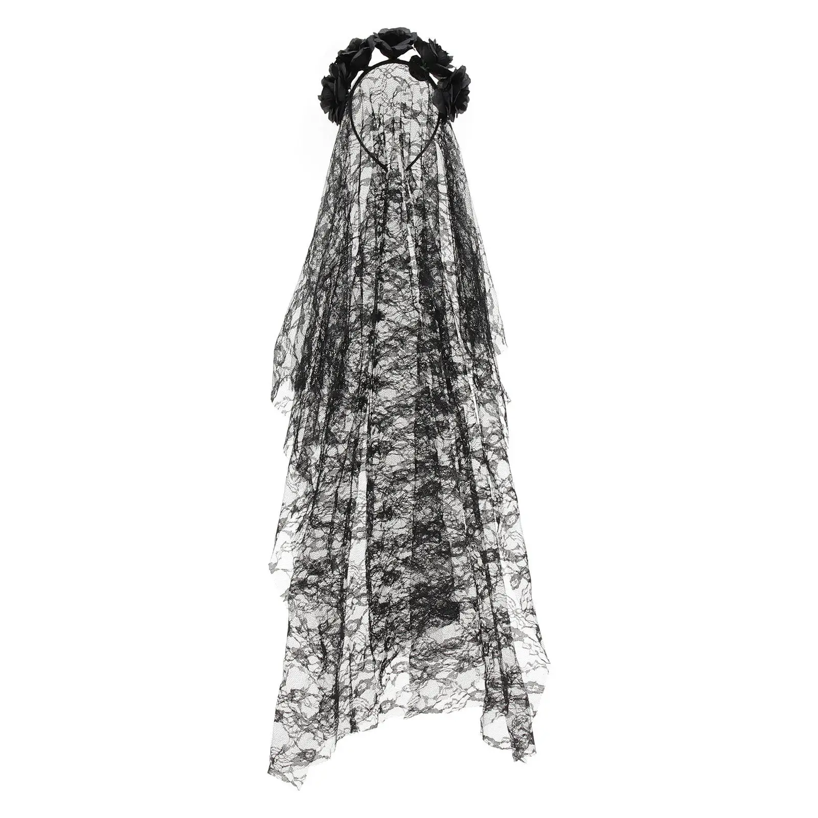 

3D Rose Headband with Veil for Halloween Party Women Girls Cosplay Hair Clasp Festival Stage Performance Floral Crown Accessory