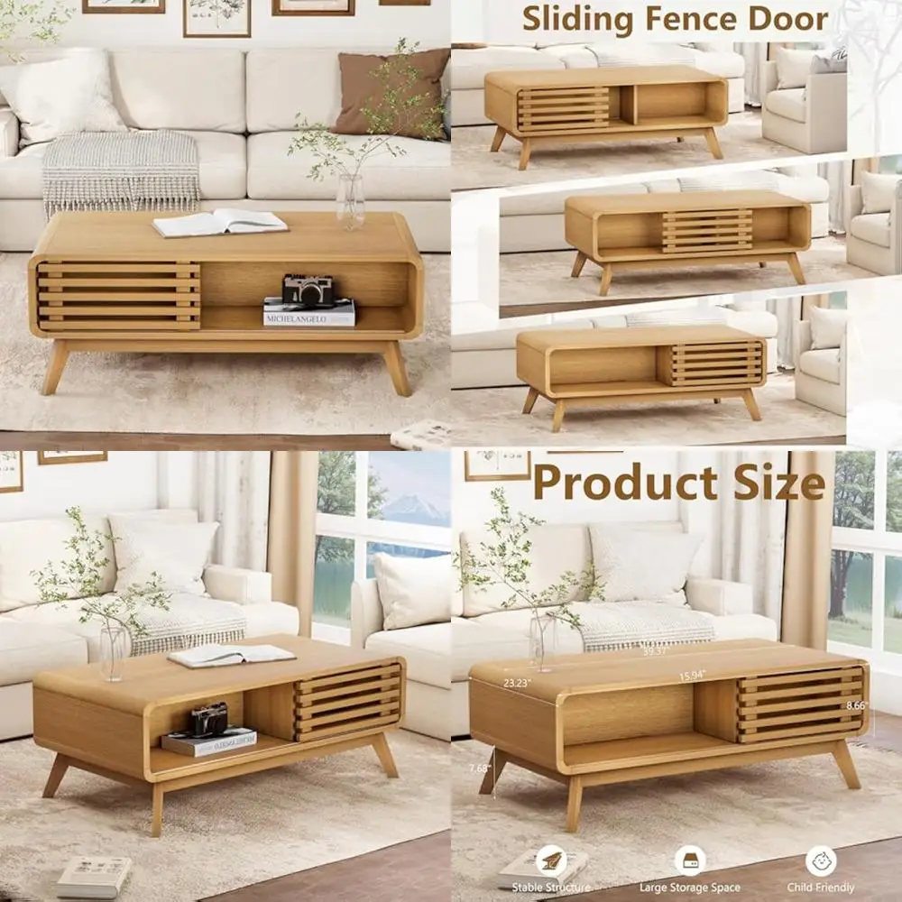 

Mid-Century Modern Storage Coffee Table, Sliding Door Design, Farmhouse Style Wooden Table for Living Spaces, Crafted in Oak
