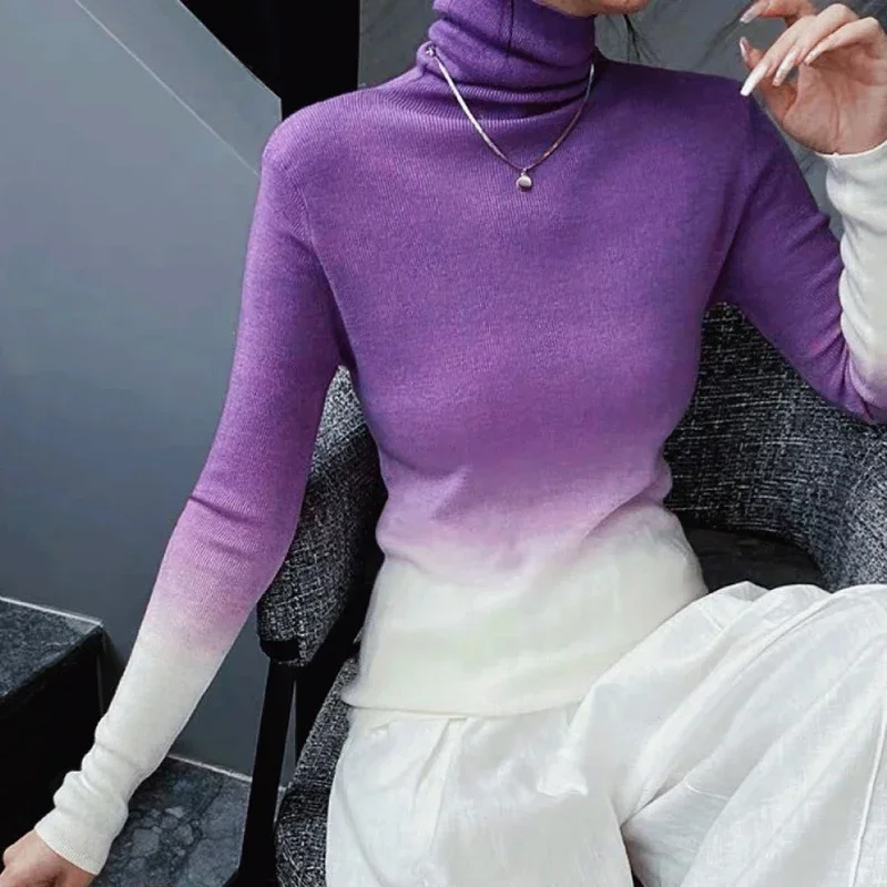 

Hanging Dyed Sweaters Women Autumn and Winter Fashion Patchwork Color Sweater Casual Turtleneck Knitwear Slin Fit Pullover 29587