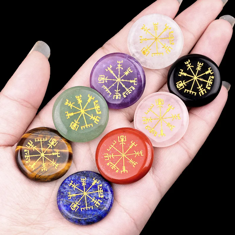 1 Piece Small Size Natural Chakra Semi-precious Stone Quartz Obsidian Engraved Crystal Reiki Healing Viking Rune Symbol