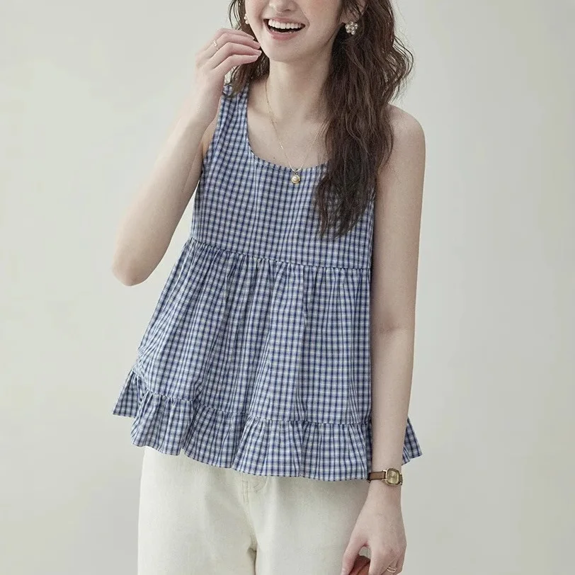 Cool vest, blue grid sleeveless shirt, women's summer anti-aging doll shirt, top