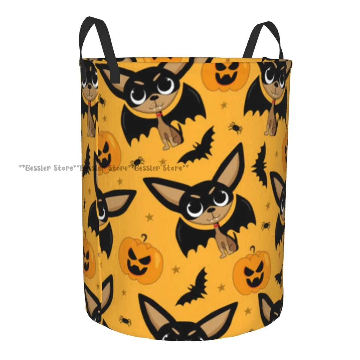 Laundry Basket Vampire Dog With Bat Wings Spider Halloween Round Storage Bin Collapsible Hamper Clothes Bucket Organizer