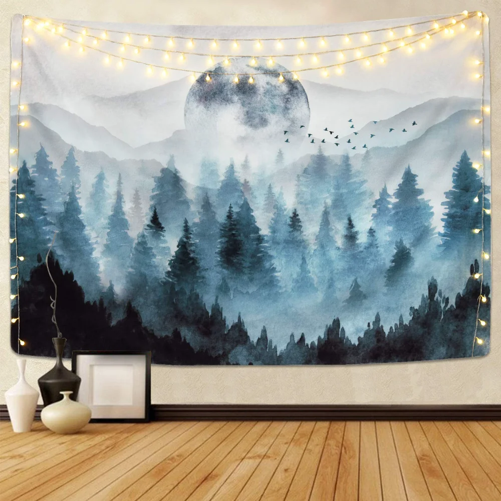 Misty Forest Tapestry Foggy Mountain Wall Hanging Magical Tree Tapestries Nature Woodland Mural Blanket Decor Background Cloth