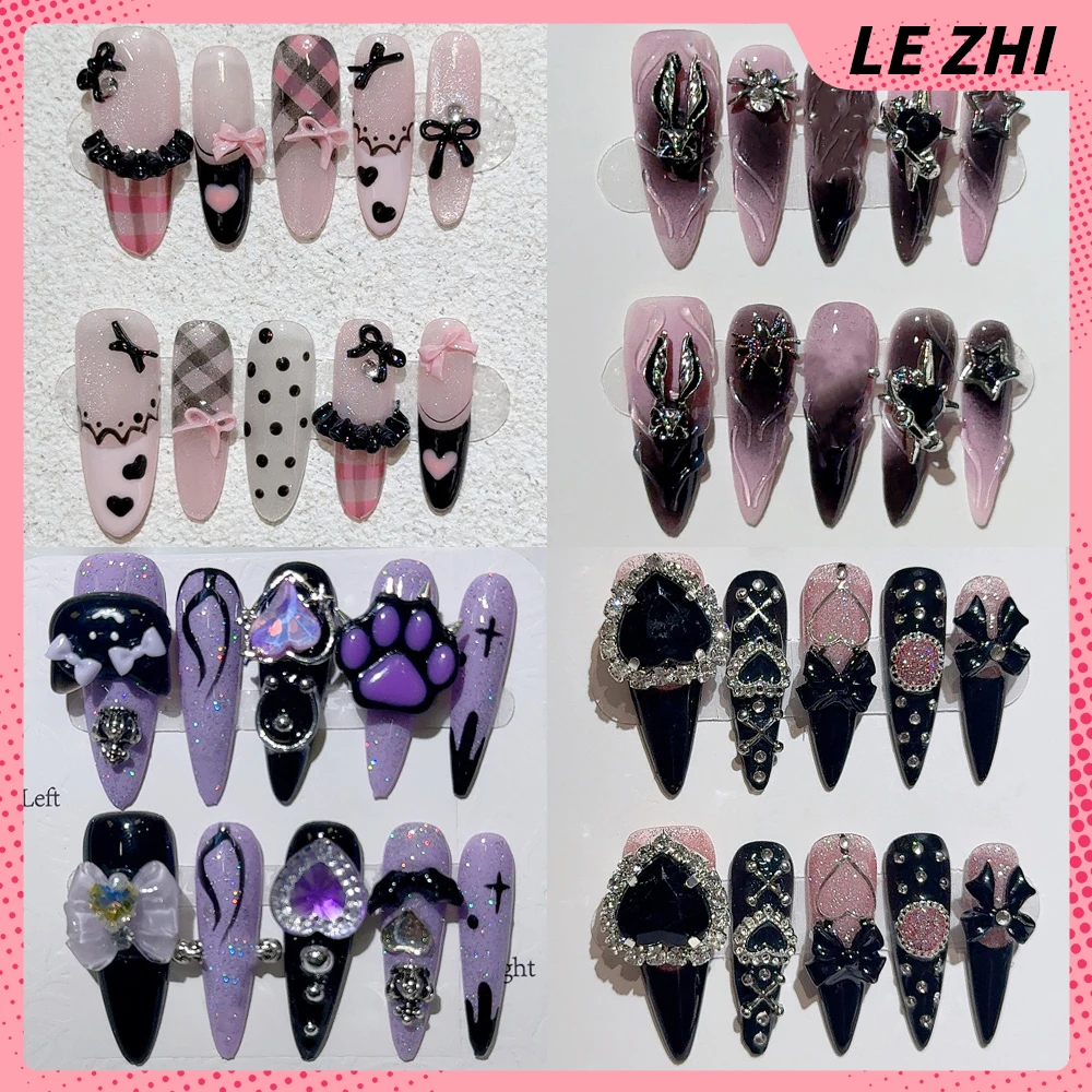 

10Pcs Y2K Spice Girl Long Tip Handmade Press On Nails Heavy Metal Hello Kitty Kuromi Diamond Flowers Bowknot Wearable Fake Nails