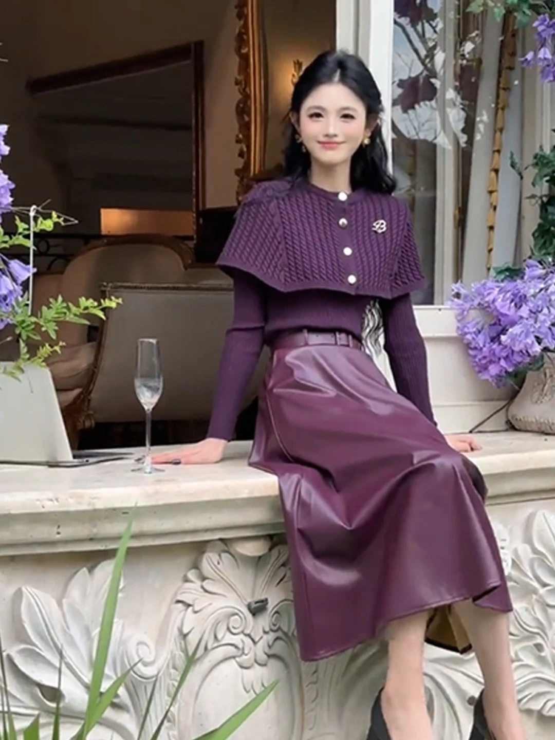 

Elegant Purple Cowl Neck Sweater Skirt Set Women's Fashion Autumn Winter Casual Outfit Three Piece Set French Style Knitted Top