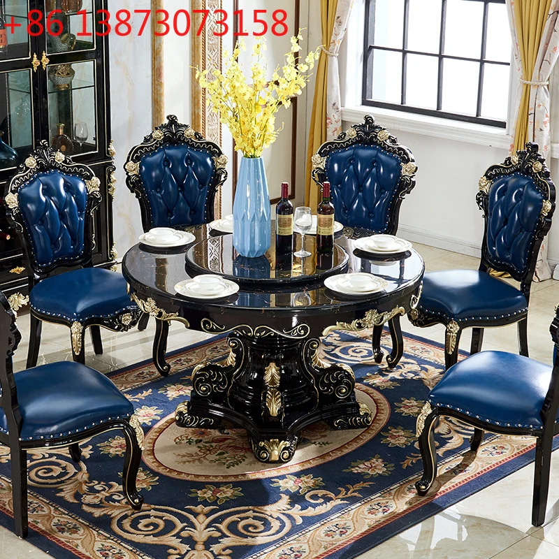 

European marble dining table Ebony solid wood large round table with turntable Household Marble dining table