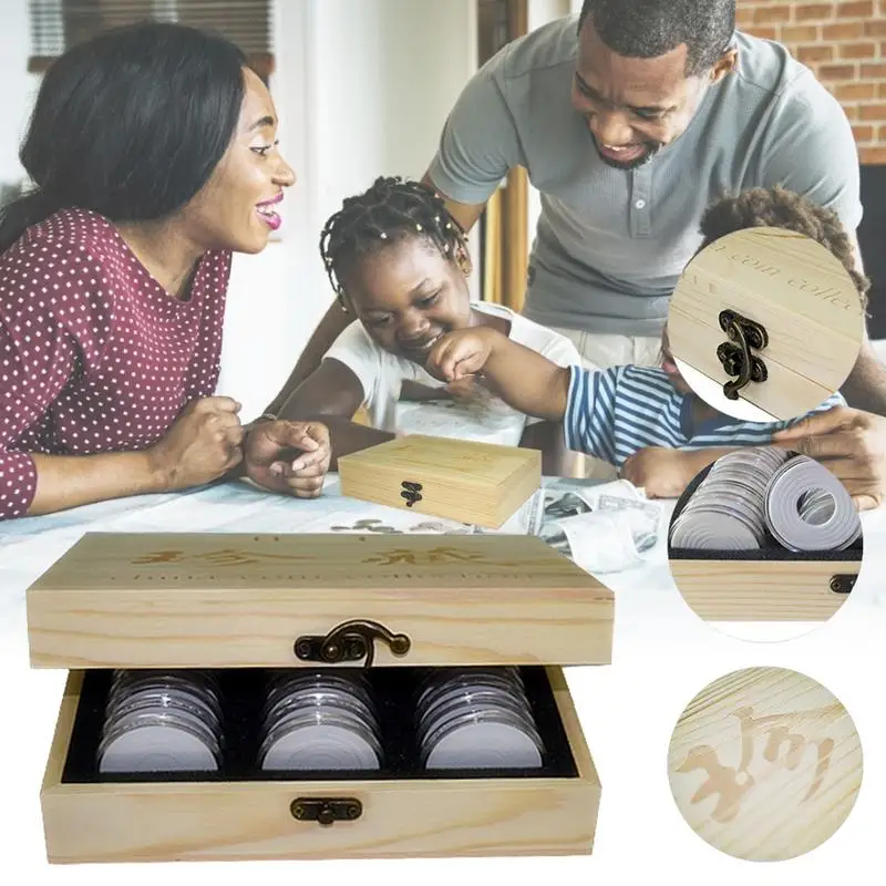 PcsBox Coin Box 51mm Round Boxed Holder Wood Coins Storage Boxes Capsules Display Cases Organizer Collection Gifts