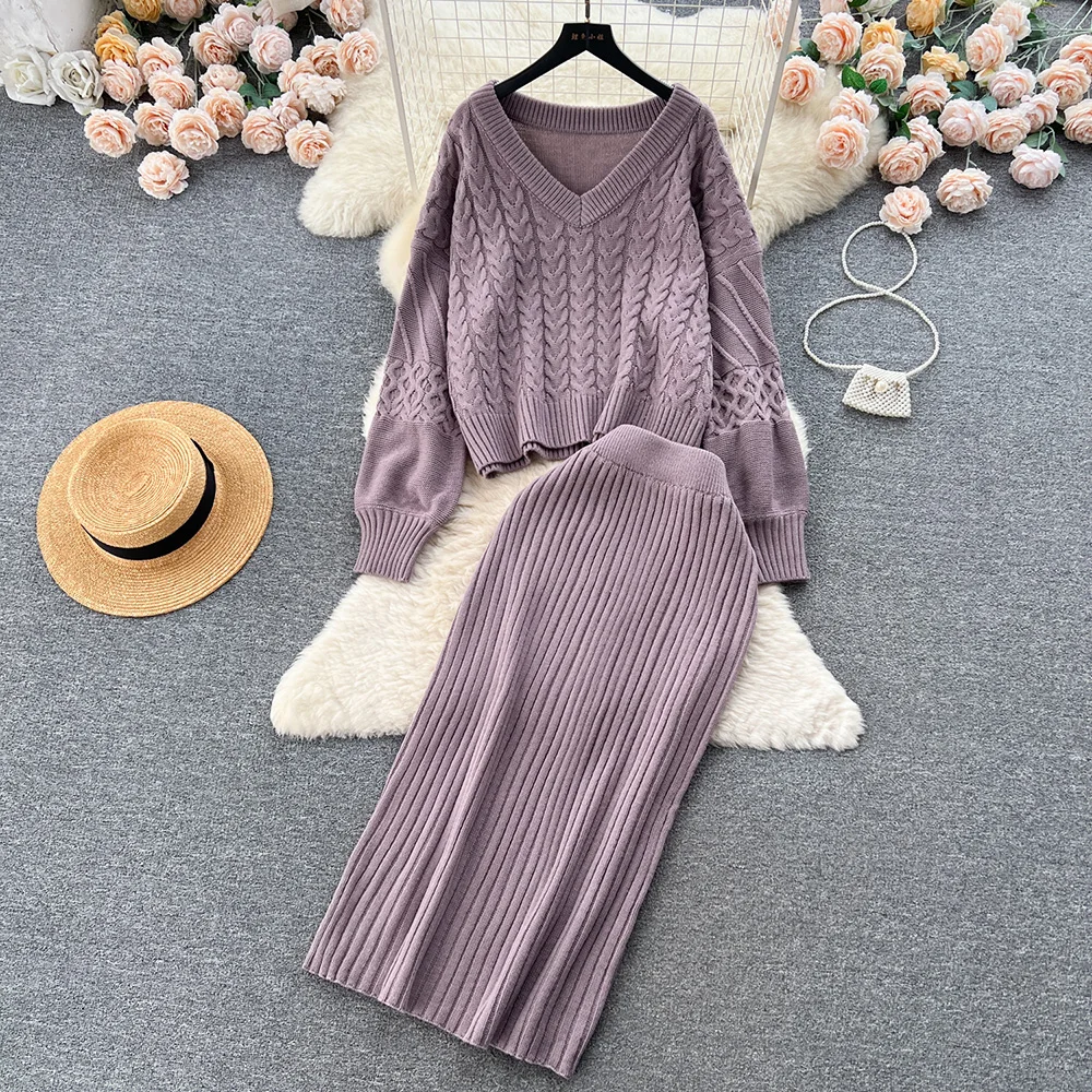 

Croysier Twist Knit Two Piece Set Casual Outfits Long Sleeve Pullover Sweater And Midi Skirt Autumn Winter Matching Sets Women