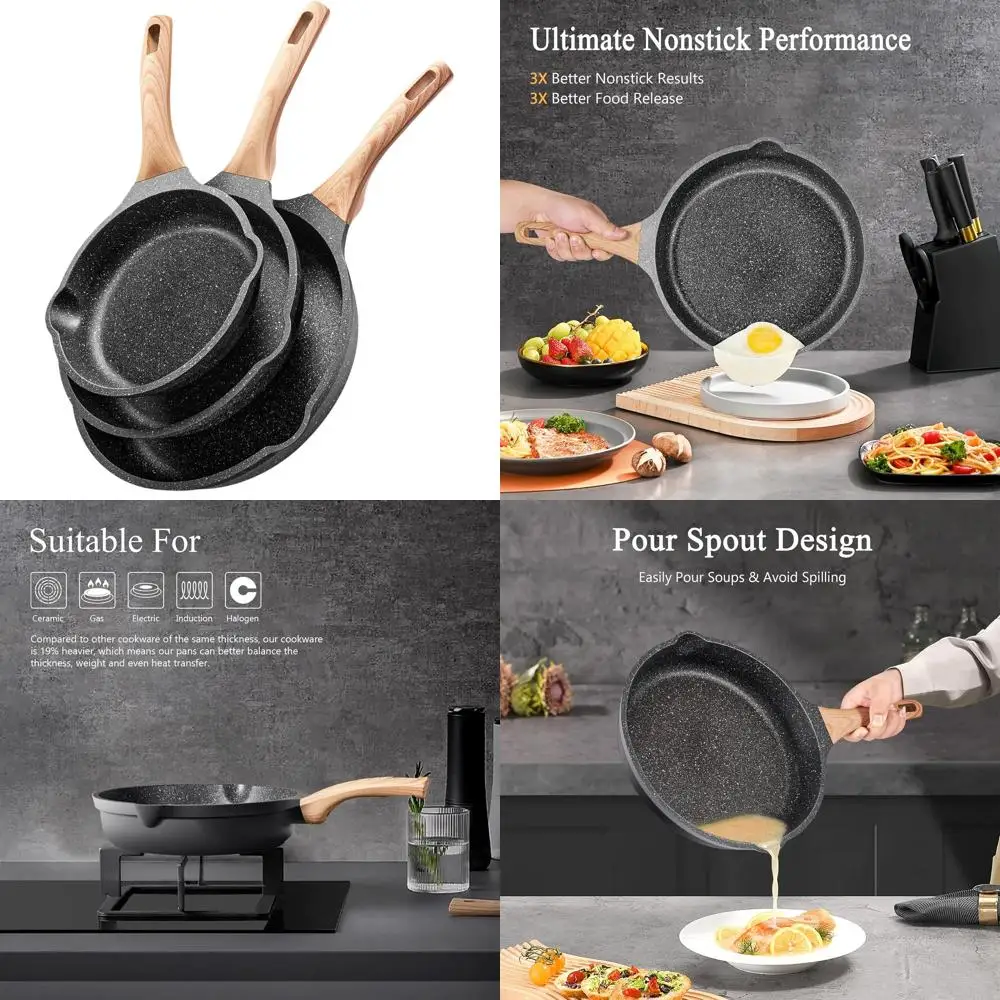 

Nonstick Granite Skillet Set with 100% PFOA and PTFE Free, Induction Compatible Egg and Omelette Pans, Cookware Set for All Cook