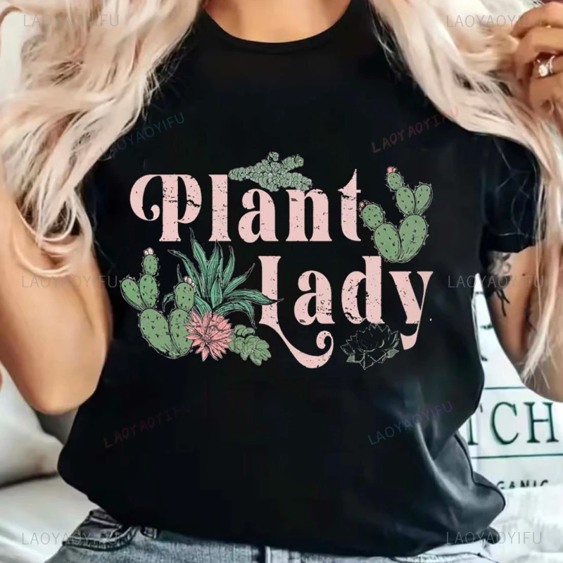 Flower and Plant Potted Plant Printed T-shirt Funny Casual Short Sleeved Cotton Top Women's Fashionable Cartoon Graphic Clothing