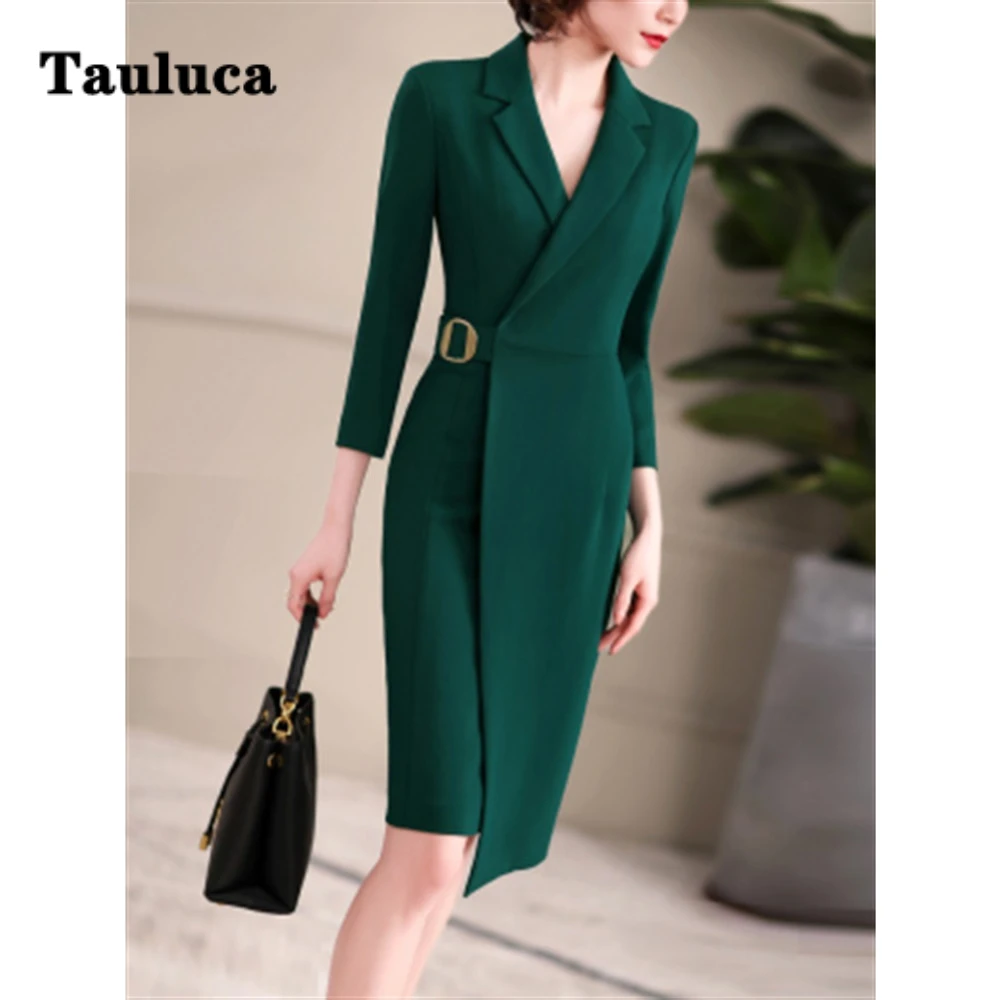 

Spring Autumn Elegant Women Blazer Dress Nine Points Sleeve V Neck Asymmetric Midi Dresses Office Ladies Work Clothes Oversized