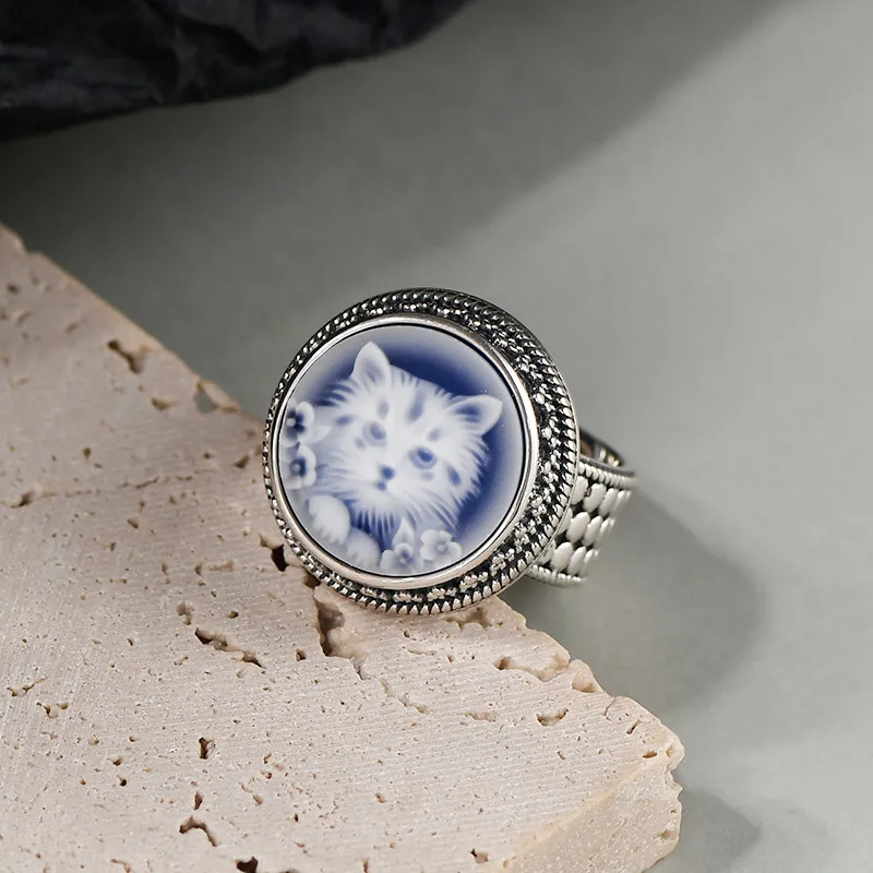 TZgrams Cute Cat cammeo Rings for Women Blue Agate White Shell Real 925 Silver Round Vintage Statement Ring Fashion Fine Jewelry