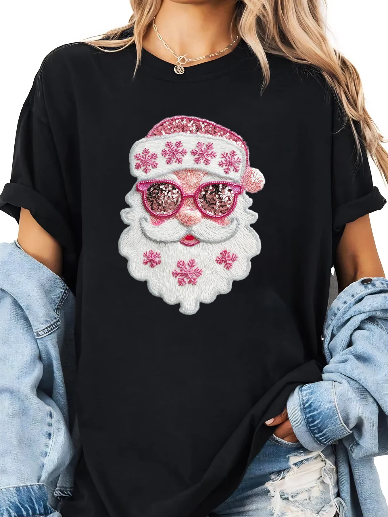 Koszulka świąteczna damska z nadrukiem cekinowego twarzy Świętego Mikołaja, czarna, plus size, na co dzień.