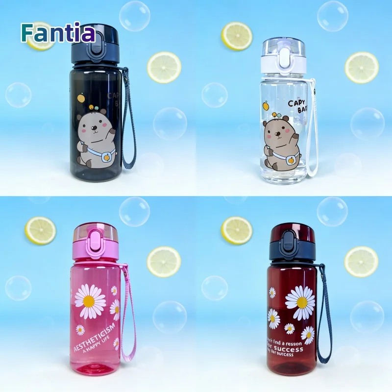 

400ml Capybara transparent Cup Cute Cartoon Water Bottle with Carry Strap Leakproof Portable Outdoor Drinking Cup Sports Bottle