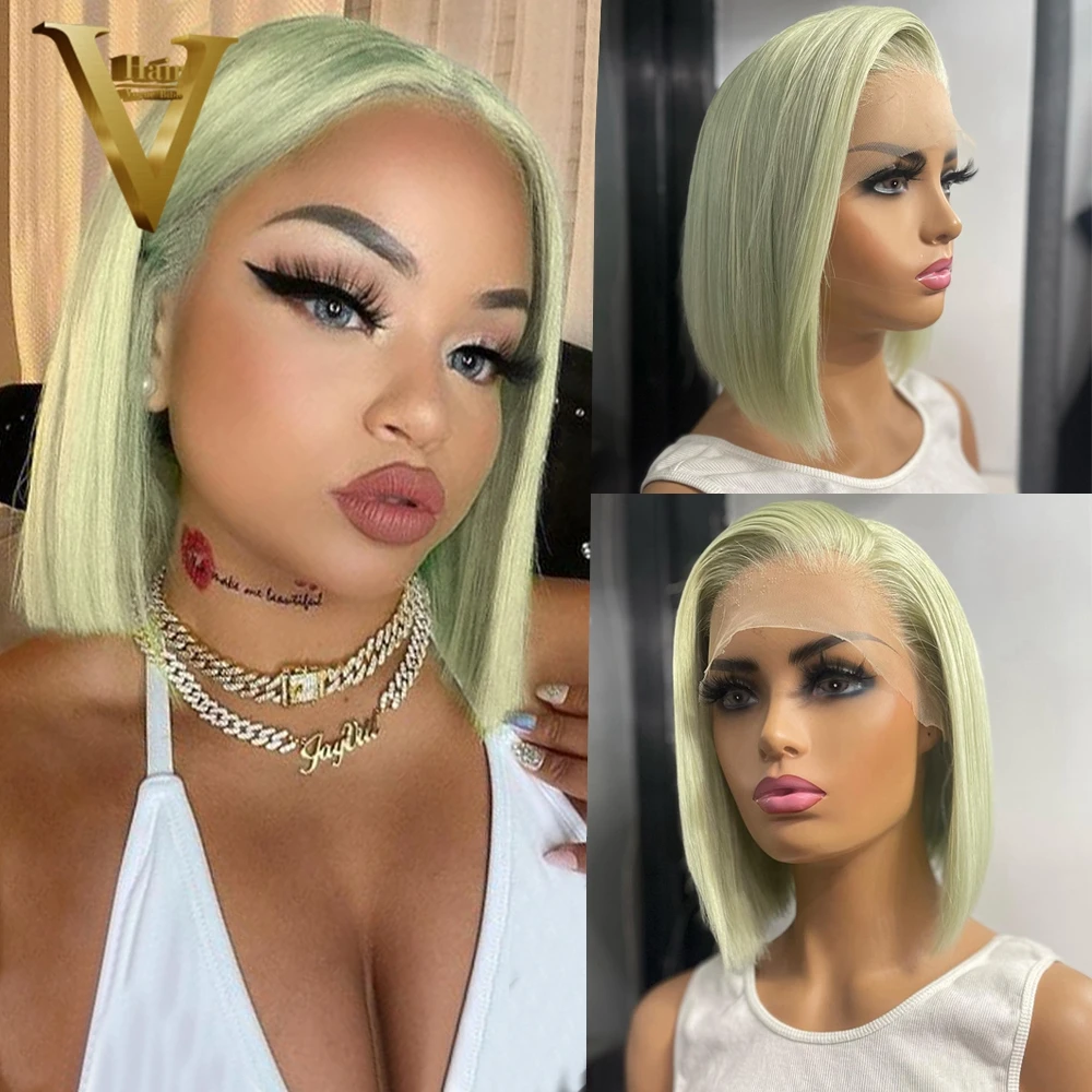 

Short Bob Human Hair Mint Green Colored Wig Preplucked Pixie Cut Grey Straight Glueless 13X4 Lace Front Wigs Ready To Ship