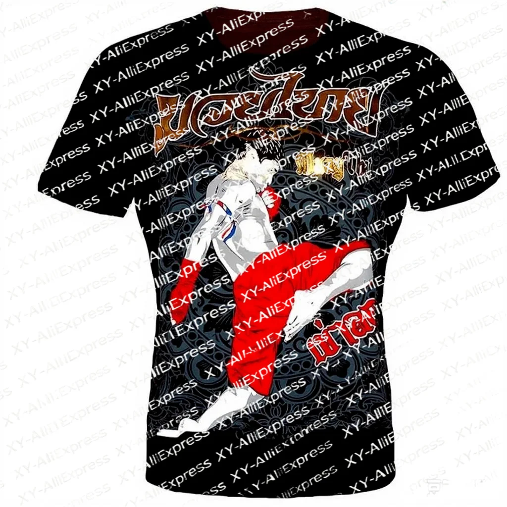 Thai Script Ornament Flying Kick Muay Thai Fighter Short Sleeve Tee, Breathable Quick-Dry Martial Arts Folk Culture Visit Outfit