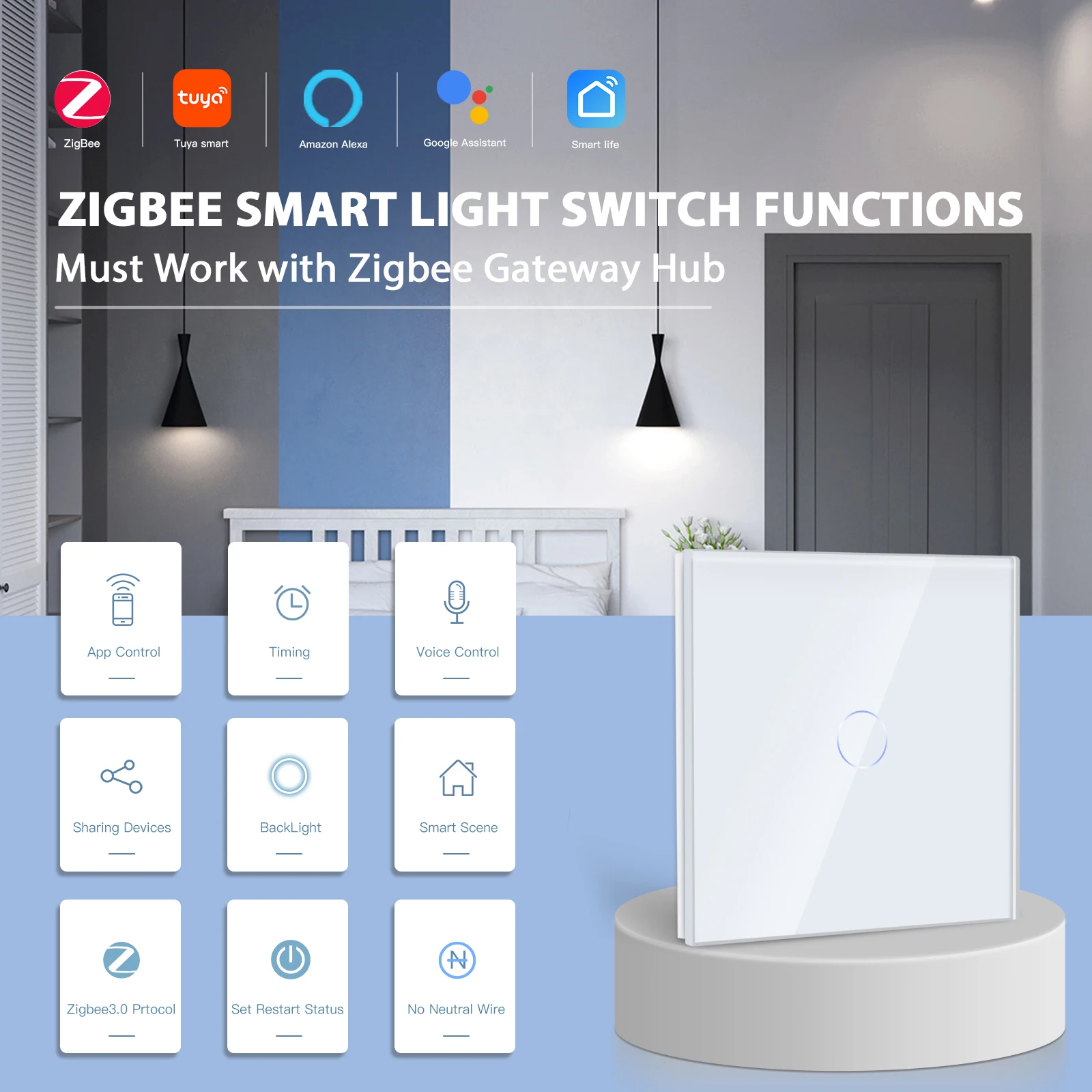 BSEED Zigbee 1/2/3 Gang 1 Way Smart Switch Single Live LED Buttons Glass Panel Work With Google Home EU Touch Switch Smart Life