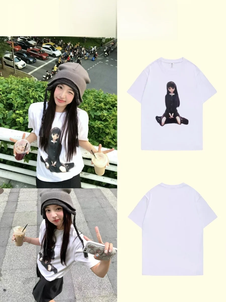

Coyseio ort Sve Women's T-irt NewJeans Loose Cute Cartoon Anime Girl oulder Summer Cotton round Ne Print Top