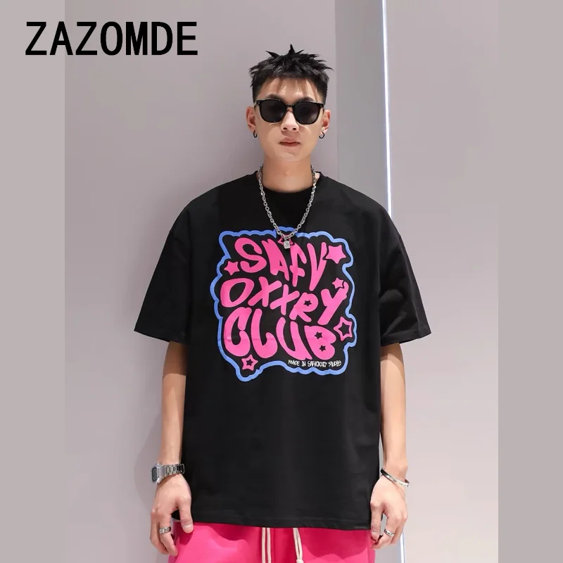 ZAZOMDE American Simplicity Letter Graphic T Shirt Fashionable Loose Fresh And Personality Men Retro Art Short Sleeved Top