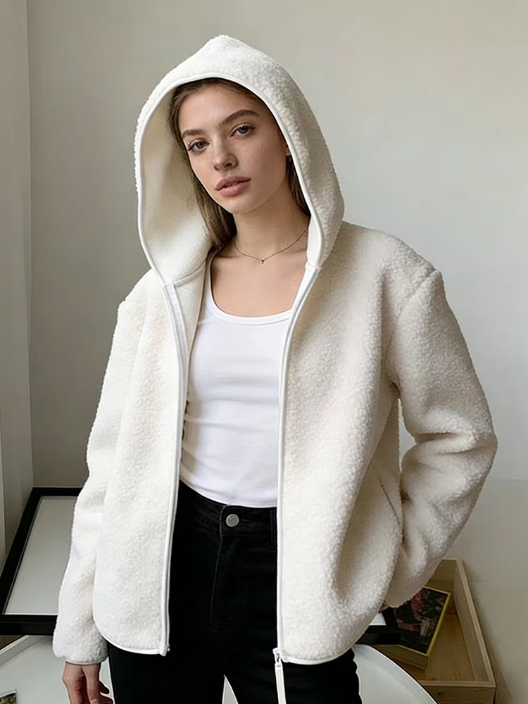 Mueyaruho 2026 Spring Autumn Women Teddy Fleece Jacket Solid Long Sleeve Warm Hooded Hoodies Jacket For Women