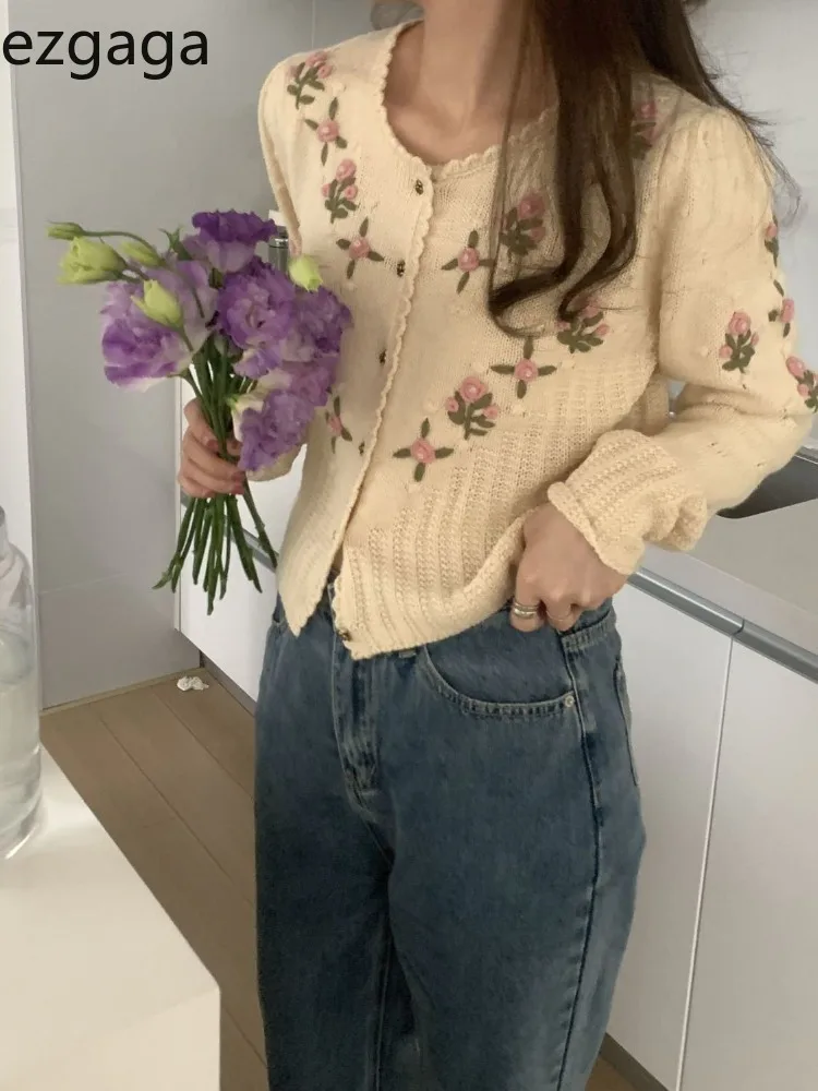 

Ezgaga Vintage Knitted Cardigan Women Embroidery Flowers Autumn Winter Elegant Stretch Cropped Sweater Female Fashion Sweet