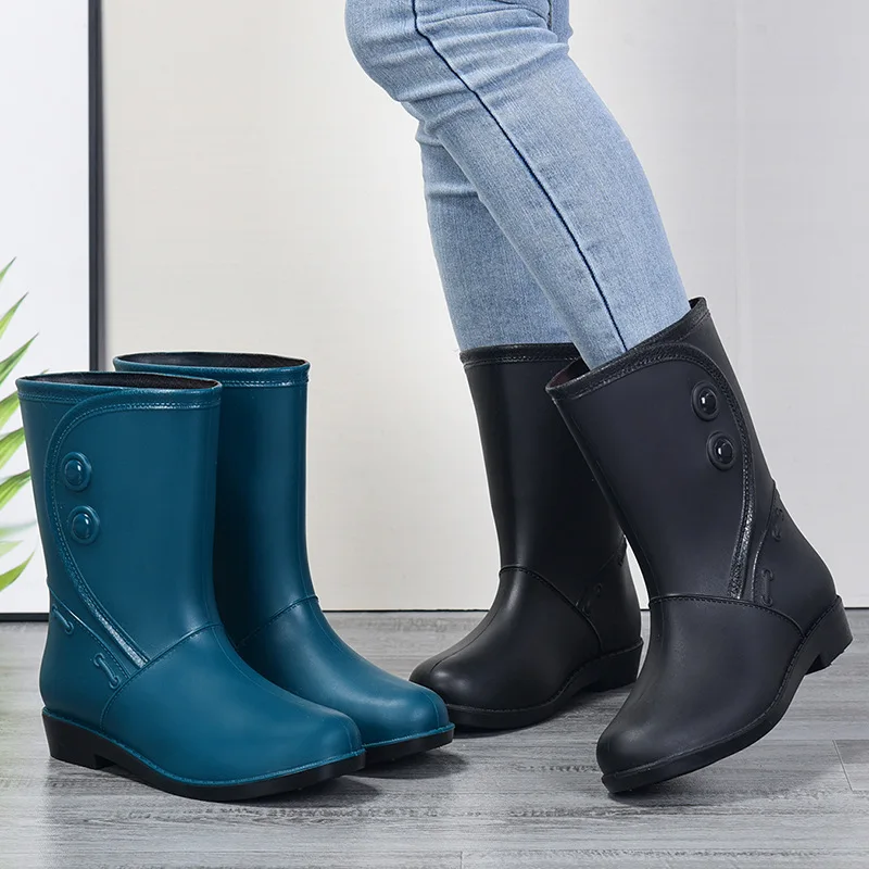 Outdoor Fashion Mid Tube Low Heel Women's Rain Boots Summer Waterproof Car Wash Non-Slip Kitchen Work Rain Boots Size 36-40