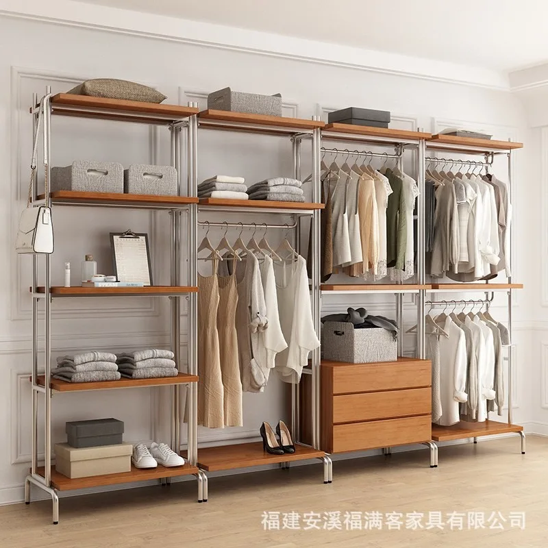 Open wardrobe wrought iron loft metal cloakroom rack walk-in hanger floor bedroom closet solid wood